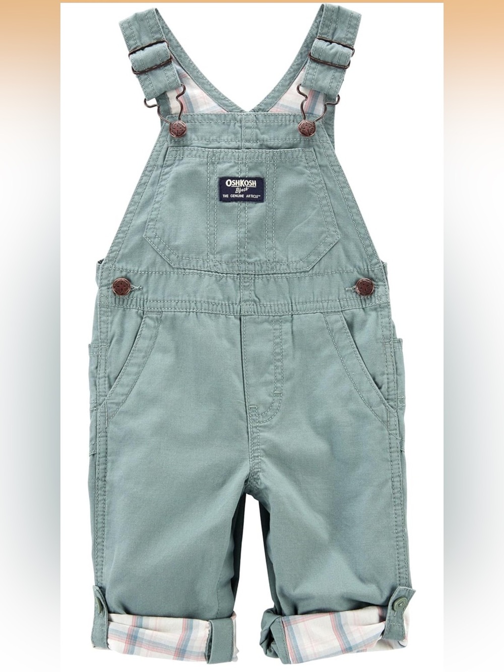 OshKosh B’Gosh Light Olive Green Overalls Plaid Interior Size 5T